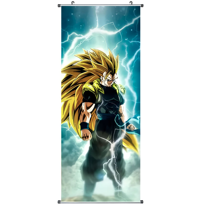 Une image de Son Goku, un personnage de la série animée Dragon Ball Z. Il est représenté en train de se transformer en Super Saiyan 3, avec ses cheveux blonds hérissés et ses yeux bleus. Il est entouré d'éclairs et de nuages.,TO-3327029776,TO-5383889647