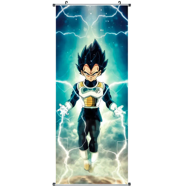 Une image de Vegeta, un personnage de la série Dragon Ball Z. Il est représenté en train de voler dans les airs, entouré d'éclairs. Il porte une combinaison bleue et jaune, et ses cheveux sont noirs.,TO-7007435475,TO-7753335324