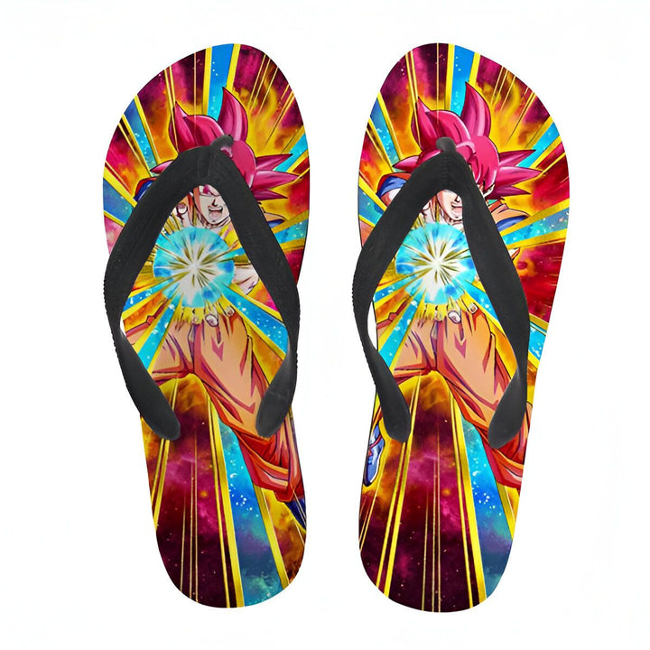 Une paire de tongs noires avec une image de Son Goku, un personnage de Dragon Ball Z, en train de lancer un Kamehameha.,TO-0050372580,TO-1075771587,TO-281091270X,TO-1775411869,TO-0772077029,TO-2169249648