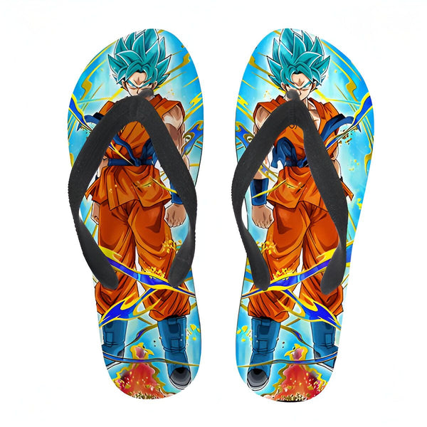 Une paire de tongs noires avec une image de Son Goku, un personnage de la série animée Dragon Ball Z. Son Goku est représenté avec les cheveux bleus et porte une combinaison orange et bleue. Il est entouré d'un fond jaune et orange.,TO-5570709398,TO-7204977289,TO-7452604652,TO-8632780204,TO-9163940140,TO-3284935924