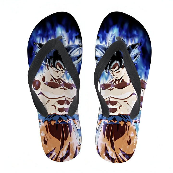 Une paire de tongs noires avec une image de Son Goku, un personnage de la série animée Dragon Ball Z. Son Goku est représenté en train de se transformer en Super Saiyan Blue, une transformation qui lui donne des cheveux bleus et une aura bleue.,TO-0137796048,TO-5712475693,TO-8377505452,TO-9952026145,TO-8926712508,TO-2471104398