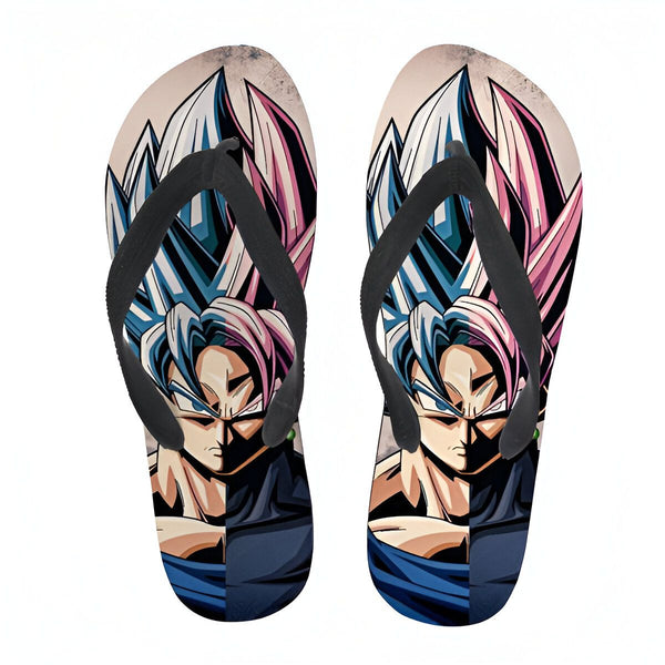 Une paire de tongs noires avec une image de Son Goku, un personnage de Dragon Ball Z. Il est représenté avec les cheveux bleus et roses et porte une combinaison bleue et orange.,TO-4130958569,TO-7385679935,TO-1517131944,TO-1759704881,TO-7336606881,TO-6444828074