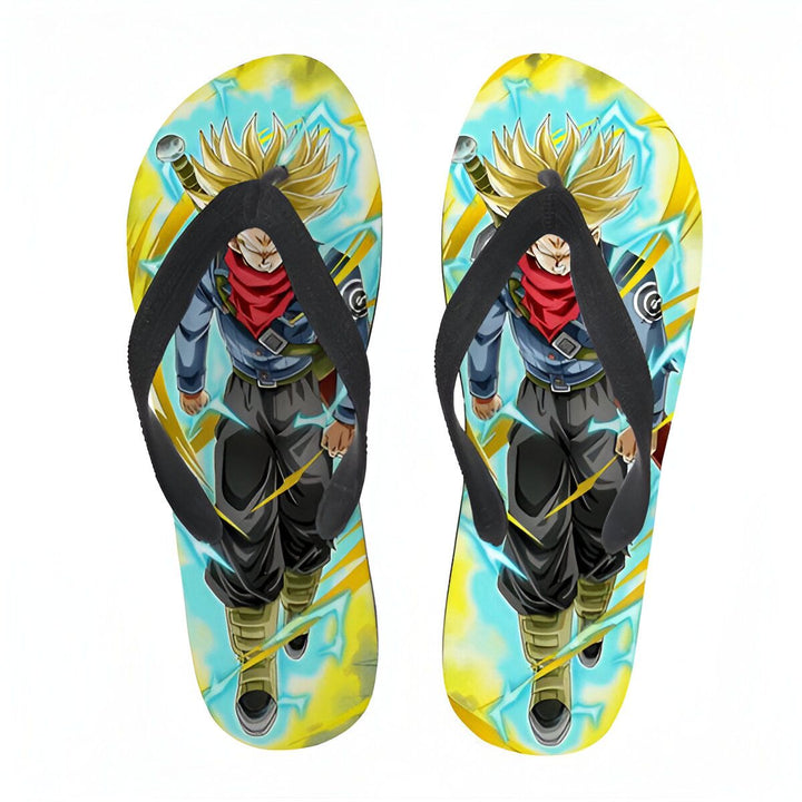 Une paire de tongs noires et jaunes avec un personnage de Dragon Ball Z, Trunks, dessus.,TO-9118093213,TO-4417042551,TO-302920913X,TO-2011693276,TO-6649388173,TO-7553980110