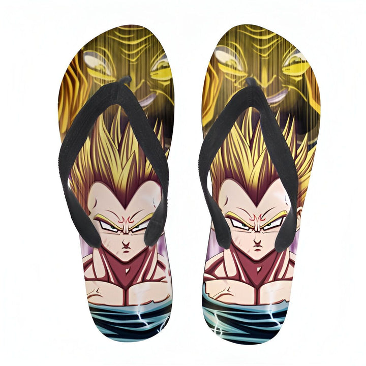 Une paire de tongs noires avec une image de Vegeta, un personnage de la série animée Dragon Ball Z. Vegeta est un Saiyan, une race extraterrestre guerrière, et le prince de la planète Vegeta. Il est l'un des personnages principaux de la série et un rival de Goku, le protagoniste principal.,TO-7761792186,TO-2426894253,TO-9251195846,TO-270391900X,TO-2795424843,TO-140552992X