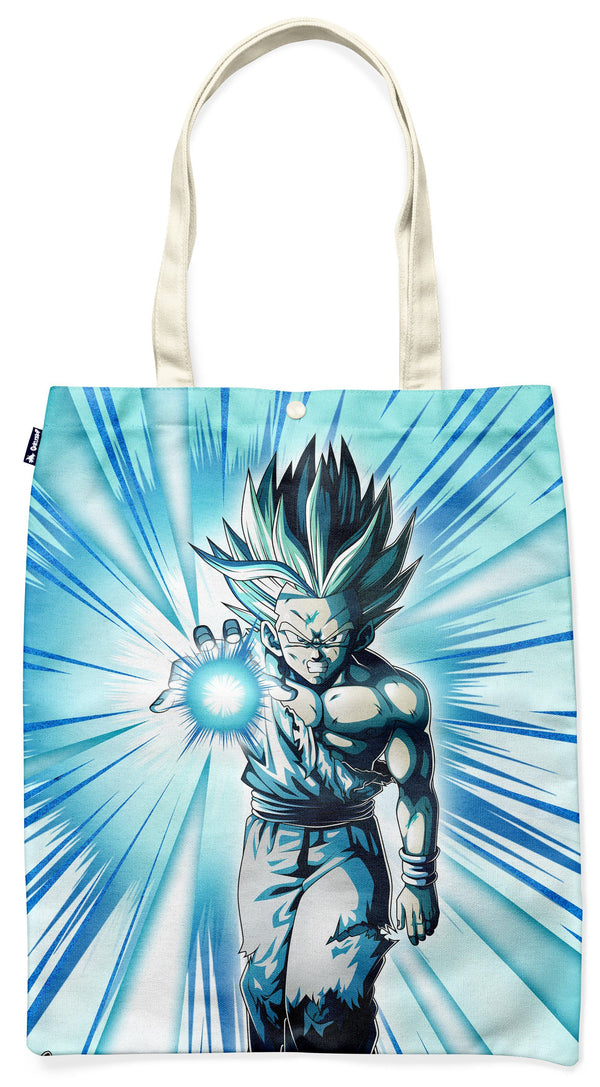 Une image de Son Gohan, un personnage de Dragon Ball Z, en train de charger une boule d'énergie bleue. Il est vêtu d'une combinaison bleue et blanche et a les cheveux bleus hérissés. L'arrière-plan est blanc avec des lignes bleues qui irradient depuis Son Gohan.,TO-0314910662