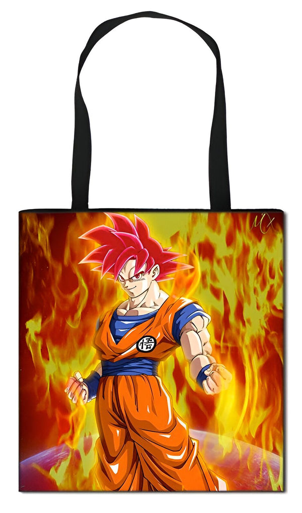 Une image de Son Goku, un personnage de la série animée Dragon Ball Z, est imprimée sur un sac fourre-tout en toile. Il est représenté avec les cheveux rouges et l'aura jaune caractéristique de sa transformation en Super Saiyan. Le sac a des anses noires et une doublure orange.,TO-023645949X