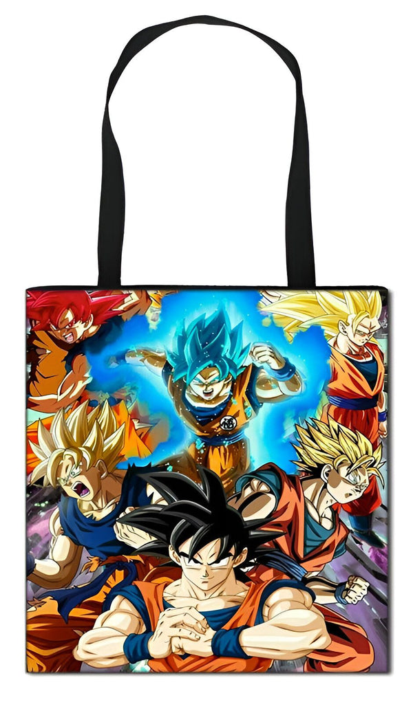 Le visuel représente un sac fourre-tout en toile de couleur noire avec une image de Son Goku, un personnage de la série animée Dragon Ball Z. Il est entouré d'autres personnages de la série, tous dans des poses dynamiques. Le sac a des anses noires et une doublure intérieure.,TO-5815305197