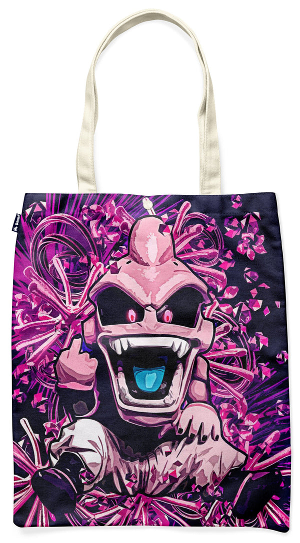Le tote bag représente un personnage de dessin animé rose avec des cheveux bleus et des yeux rouges. Il porte un gilet noir et blanc et a une expression faciale menaçante. Le fond est violet et rose avec des éclats de lumière.,TO-4552320106