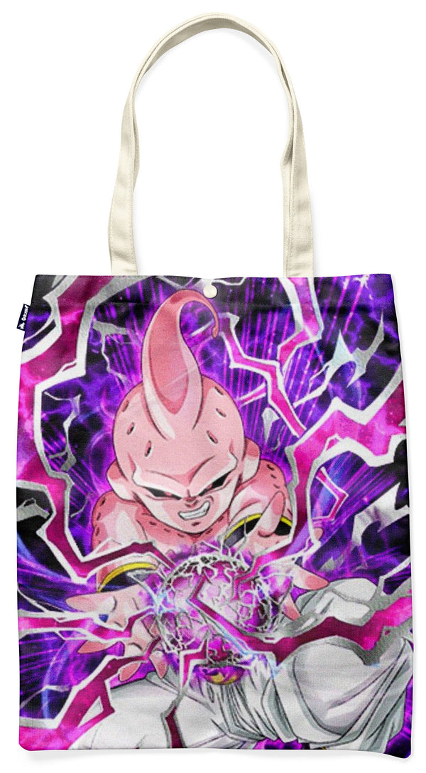 L'image représente un sac fourre-tout en toile de couleur naturelle avec une illustration de Majin Buu, un personnage de la série animée Dragon Ball Z. Majin Buu est représenté en train de charger une boule d'énergie rose. Le fond de l'image est violet et rose avec des éclairs blancs.,TO-7087854461