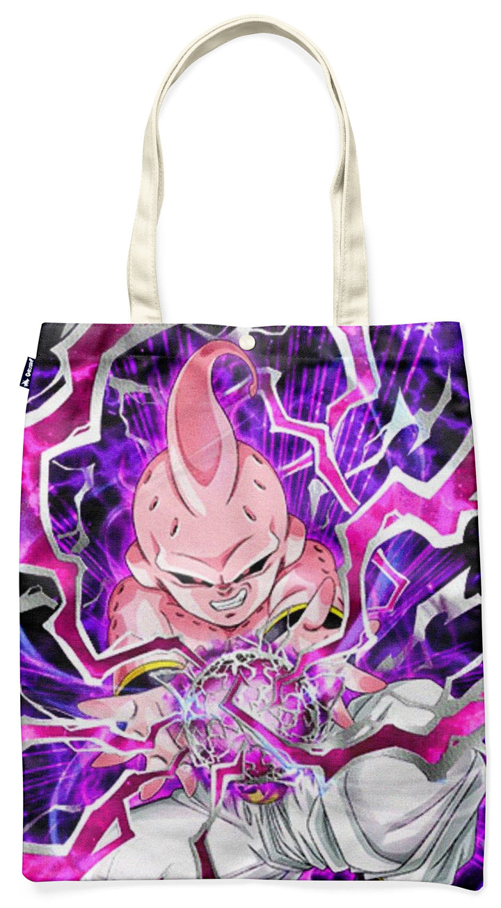 L'image représente un sac fourre-tout en toile de couleur naturelle avec une illustration de Majin Buu, un personnage de la série animée Dragon Ball Z. Majin Buu est représenté en train de charger une boule d'énergie rose. Le fond de l'image est violet et rose avec des éclairs blancs.,TO-7087854461