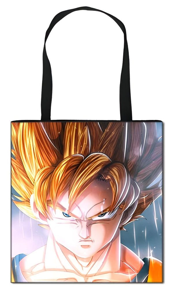 Le tote bag représente Son Goku, un personnage de la série animée Dragon Ball Z. Il est vêtu de son costume de combat orange et bleu et a les cheveux hérissés. Il est en position de combat et semble prêt à attaquer.,TO-9541869815