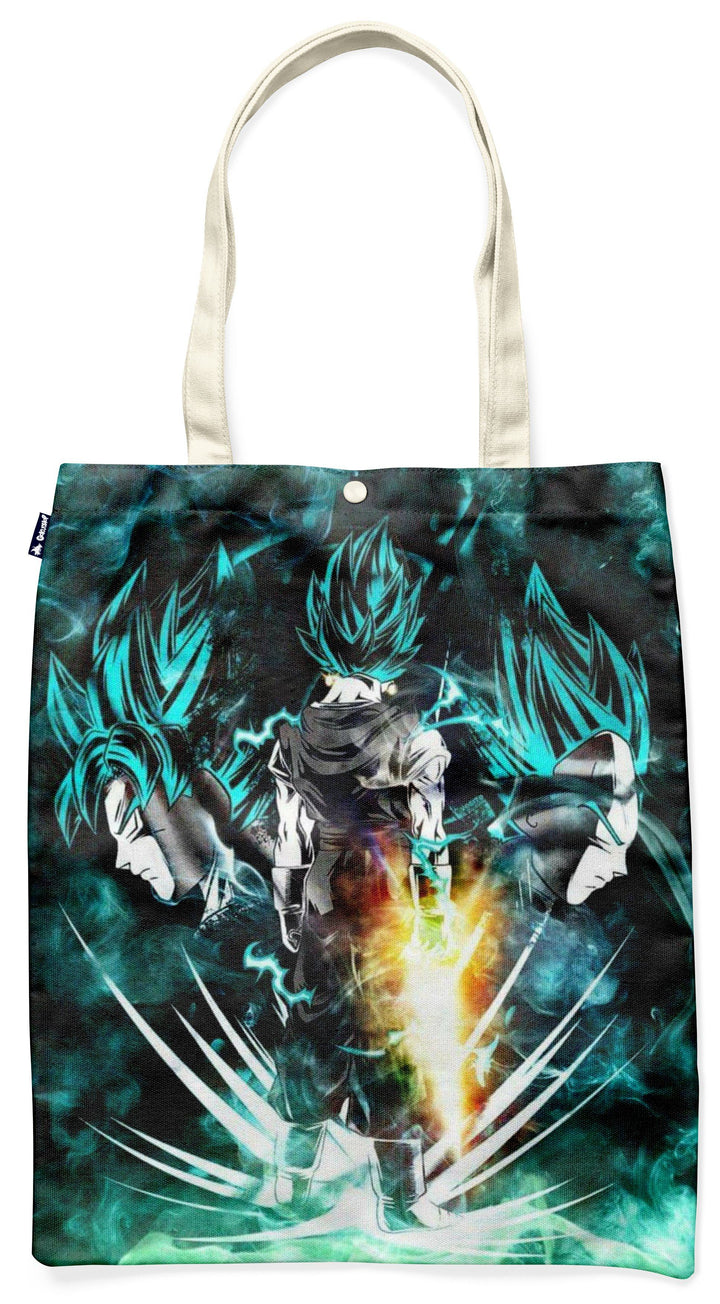 Le visuel représente un sac fourre-tout en toile de couleur beige avec une image de Son Goku, un personnage de la série animée Dragon Ball Z. Son Goku est représenté de dos, en train de se téléporter, entouré d'un halo bleu et blanc. Le sac est également orné du logo de Dragon Ball Z.,TO-7641804136