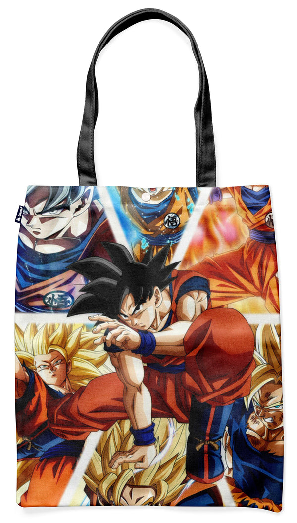 Le tote bag représente Son Goku, le personnage principal de la série animée Dragon Ball Z. Il est vêtu de son costume orange et bleu et est en position de combat. En arrière-plan, on peut voir d'autres personnages de la série, comme Vegeta, Gohan et Piccolo.,TO-5508313974