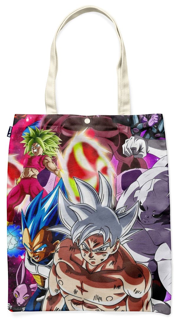 Le visuel représente un sac fourre-tout en toile de couleur blanche avec une image de Son Goku, Vegeta, Broly et Jiren.,TO-6658428018