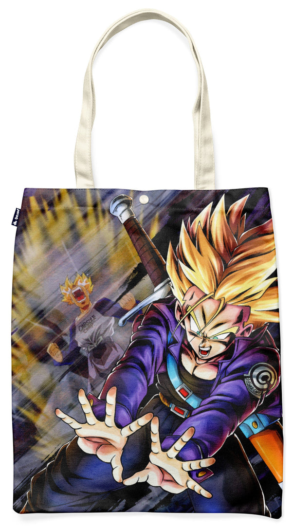 Une image de Son Gohan, un personnage de Dragon Ball Z, en train de se battre. Il est vêtu d'une combinaison violette et jaune et a les cheveux blonds. Il est entouré d'une aura jaune et bleue. En arrière-plan, on peut voir un autre personnage, Trunks, qui est également en train de se battre.,TO-3744487458