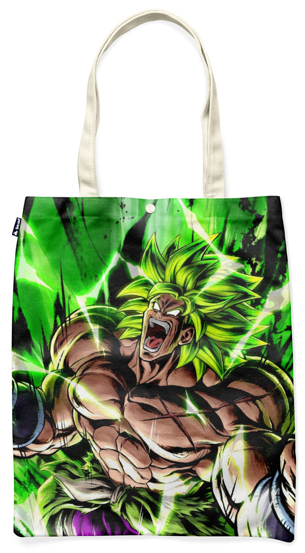 L'image représente un sac fourre-tout en toile de couleur beige avec une image de Broly, un personnage de la série animée Dragon Ball Z. Broly est un Saiyan légendaire, et il est l'un des personnages les plus puissants de la série. Il a les cheveux verts et les yeux bleus, et il est très musclé. Il porte une combinaison de combat verte et violette, et il est en train de crier. Le sac fourre-tout est parfait pour les fans de Dragon Ball Z qui veulent montrer leur amour pour la série.,TO-4543748816