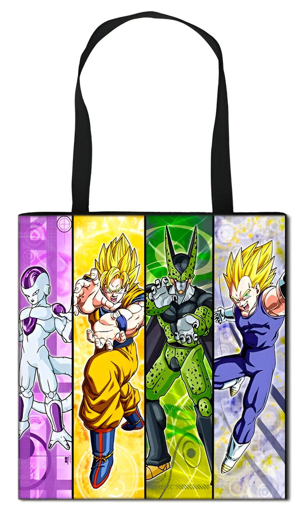 L'image représente un sac fourre-tout en toile de Dragon Ball Z. Le sac est noir avec des anses noires. Il est décoré d'une illustration de Goku, Vegeta, Cell et Freezer.,TO-0218942737