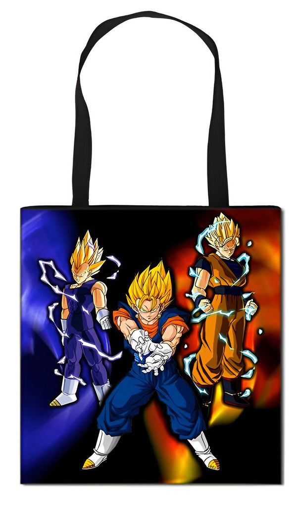 Le visuel représente un sac fourre-tout en toile de couleur noire avec des anses noires. Sur le devant du sac, on peut voir une illustration de trois personnages de la série animée Dragon Ball Z. Les personnages sont représentés en train de se battre, et ils sont entourés d'éclairs.,TO-5799729668