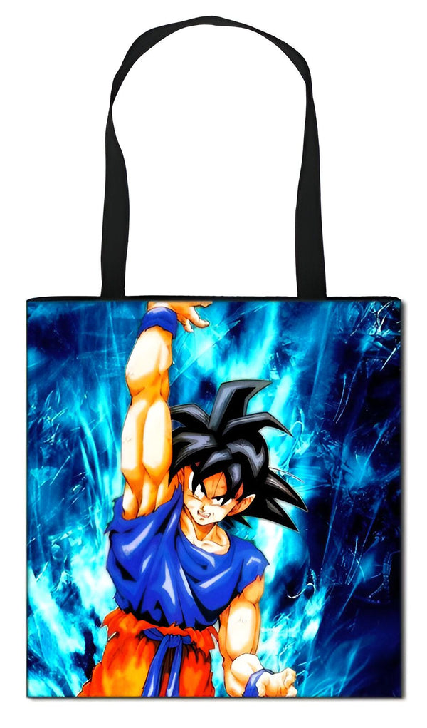 Le visuel représente un sac fourre-tout en toile de couleur noire avec l'image de Son Goku, un personnage de la série animée Dragon Ball Z. Son Goku est représenté en train de se battre, avec ses cheveux noirs hérissés et sa combinaison orange et bleue. Le sac est doté de deux anses noires et d'une fermeture éclair sur le dessus.,TO-844683913X