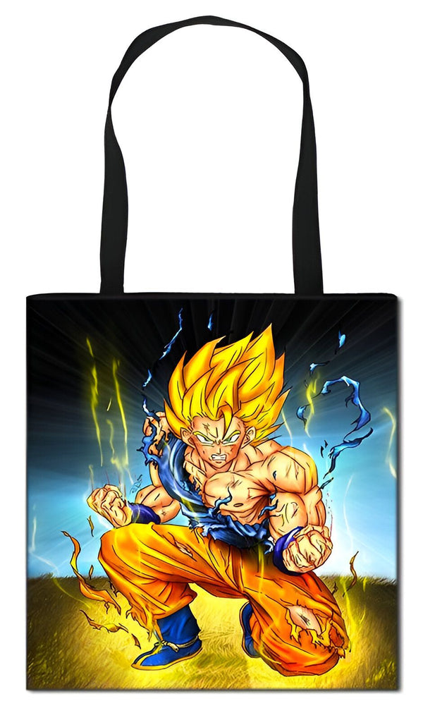 Une image de Son Goku, un personnage de la série animée Dragon Ball Z. Il est représenté en train de se battre, avec ses cheveux jaunes hérissés et ses muscles saillants. Il est vêtu d'un pantalon orange et d'une chemise bleue déchirée. L'arrière-plan est jaune et bleu, avec des éclairs blancs.,TO-755779608X