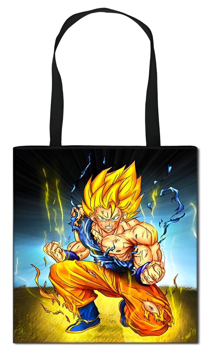 Une image de Son Goku, un personnage de la série animée Dragon Ball Z. Il est représenté en train de se battre, avec ses cheveux jaunes hérissés et ses muscles saillants. Il est vêtu d'un pantalon orange et d'une chemise bleue déchirée. L'arrière-plan est jaune et bleu, avec des éclairs blancs.,TO-755779608X