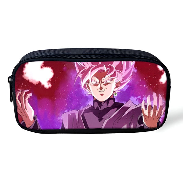 Une trousse noire avec une image de Son Goku, un personnage de Dragon Ball Z. Il a les cheveux roses et porte une tenue noire et violette. Il est entouré d'une aura rose et violette.,TR-9017489146
