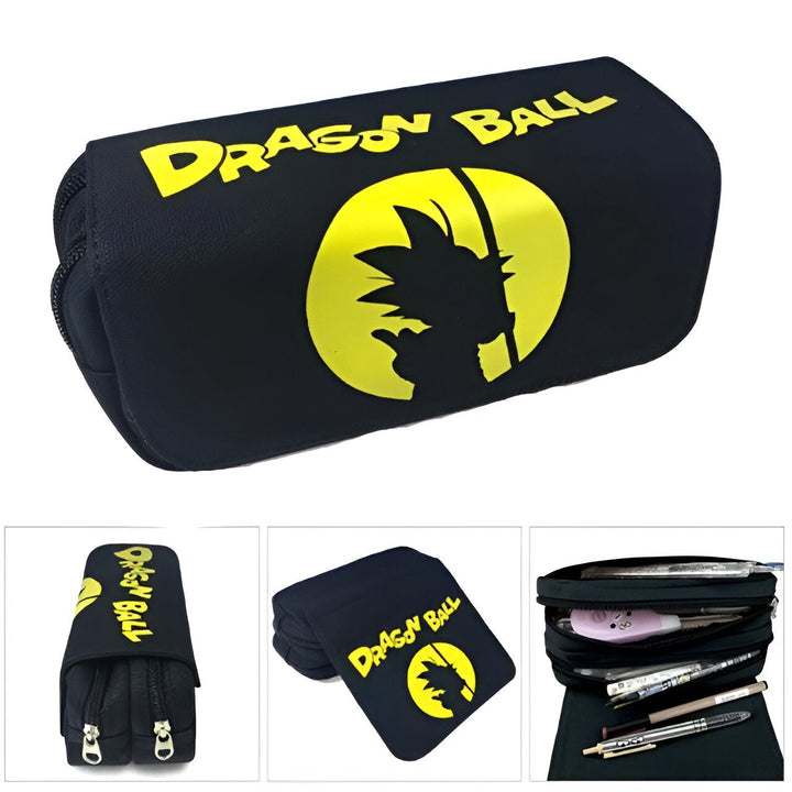 L'image montre une trousse noire avec le logo de Dragon Ball Z. La trousse est ouverte et on peut voir qu'elle contient des crayons, des stylos et d'autres fournitures scolaires.,TR-7454579795