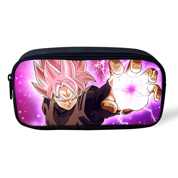 Une trousse scolaire Dragon Ball Z noire avec une image de Goku, un personnage de la série, en train de lancer une attaque énergétique rose.,TR-309347082X