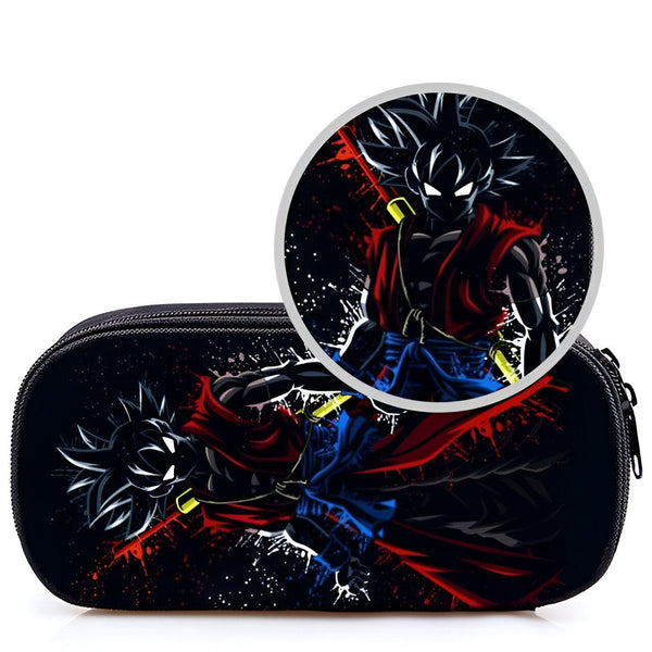 Une trousse noire avec une image de Son Goku, un personnage de Dragon Ball Z. Il est représenté avec les cheveux noirs et les yeux bleus, et porte une combinaison orange et bleue. Il est en train de se battre contre un autre personnage, qui n'est pas visible. La trousse est ouverte, et on peut voir qu'elle contient des crayons et d'autres fournitures scolaires.,TR-6146253588