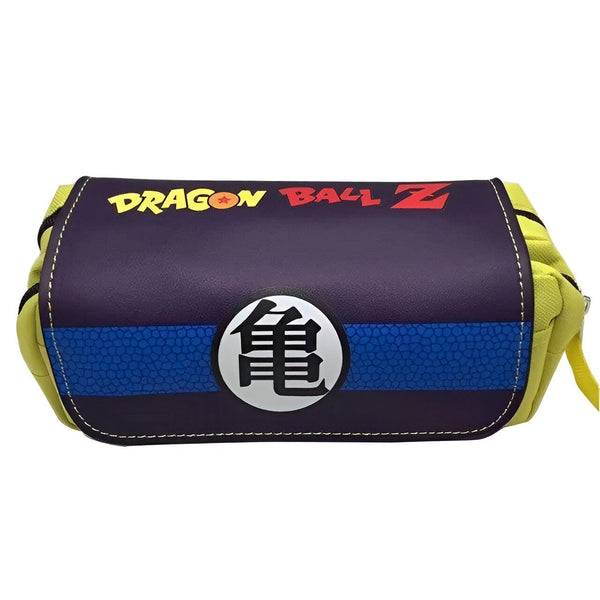 Une trousse jaune et violette avec le logo de Dragon Ball Z, qui représente un cercle bleu avec quatre étoiles rouges et le kanji "Go" en jaune.,TR-9882928196