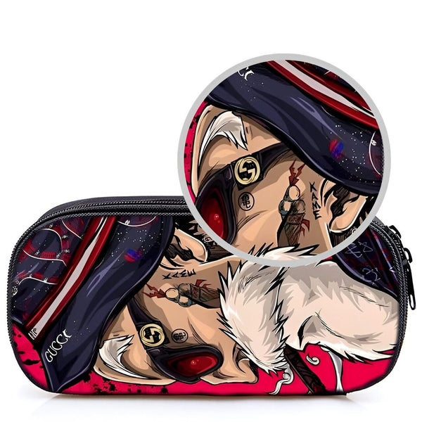 L'image représente une trousse scolaire à fermeture éclair avec un imprimé d'un personnage de dessin animé portant des lunettes de soleil et fumant une cigarette. La trousse est de couleur noire avec des détails rouges et blancs.,TR-8653268987