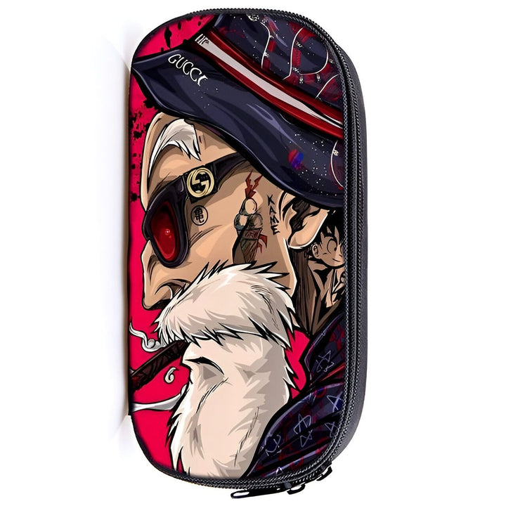 L'image représente une trousse scolaire à l'effigie de Son Goku, un personnage de la série animée Dragon Ball Z. La trousse est de couleur noire et rouge, avec une image de Son Goku portant un chapeau Gucci et des lunettes de soleil.,TR-8653268987