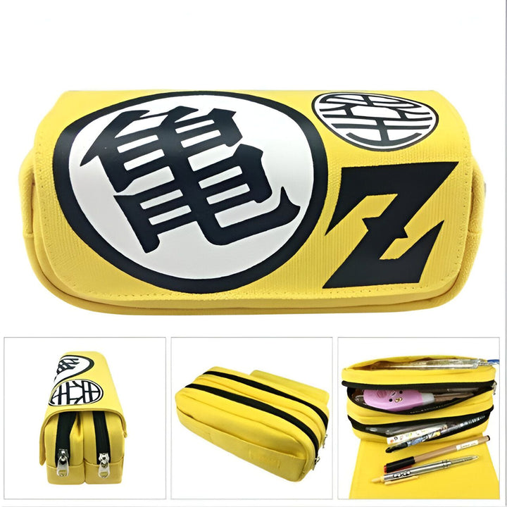 Une trousse jaune avec le logo de Dragon Ball Z en noir et blanc. La trousse a deux compartiments et se ferme avec une fermeture éclair.,TR-2179215517