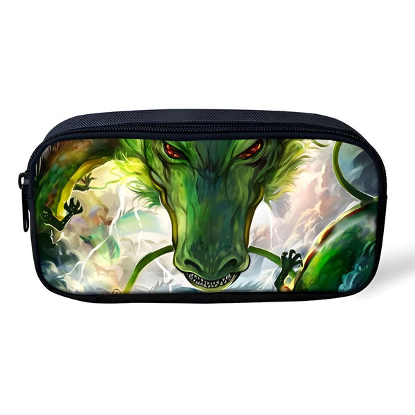 Une trousse scolaire verte avec un dragon vert dessus. Le dragon a les yeux rouges et des ailes. Il y a des éclairs autour du dragon.,TR-579610568X