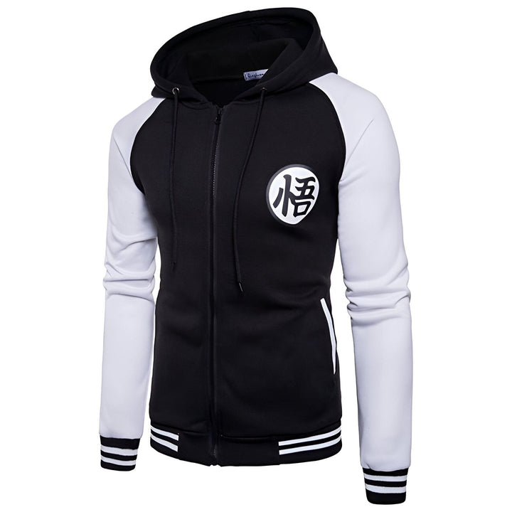 L'image représente un sweat à capuche noir et blanc avec le logo de Dragon Ball Z.,VE-4549555807,VE-1181592496,VE-2144646376,VE-8953372356,VE-4707047181