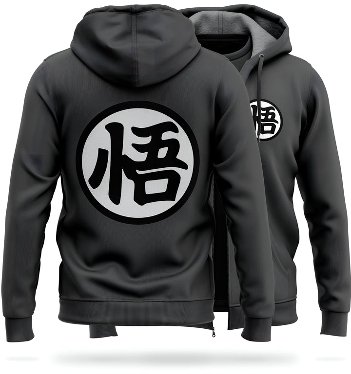 Le dos d'un sweat à capuche noir avec le symbole "Goku" en japonais dans un cercle blanc.,VE-498606648X,VE-4776404524,VE-5652441437,VE-0912238089,VE-2657229077