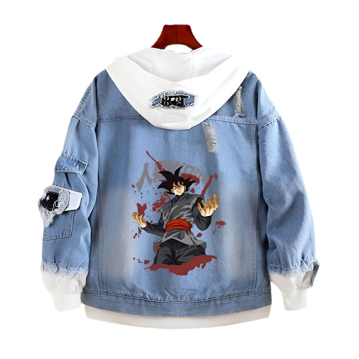 Une veste en jean bleue avec une capuche blanche. Il y a une image de Goku, un personnage de Dragon Ball Z, dans le dos de la veste.,VE-4133187172,VE-6997876420,VE-7098340162,VE-8507485197,VE-1986727351,VE-899514243X,VE-3394205319,VE-5759246739