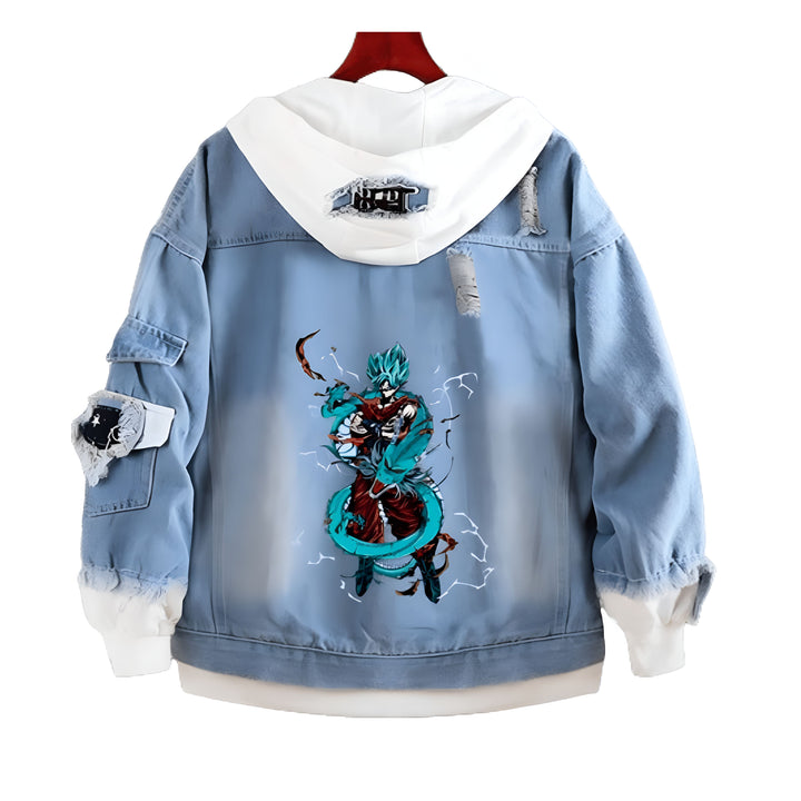 Une veste en jean bleue avec une capuche blanche. Il y a une image de Son Goku, un personnage de Dragon Ball Z, sur le dos de la veste. Il est en train de se battre contre un dragon.,VE-5644526879,VE-2325771652,VE-903464507X,VE-6170993529,VE-9435385648,VE-5100539801,VE-2802235230,VE-066004840X