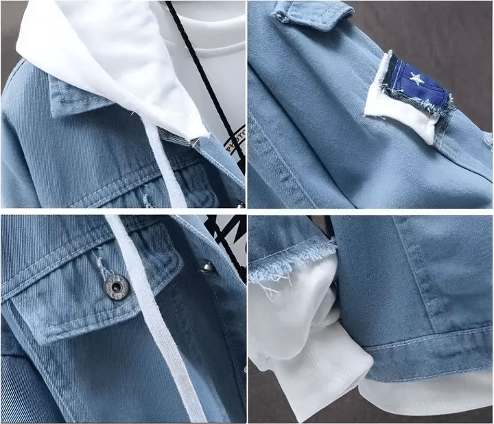 Une veste en jean bleue avec une capuche blanche. La veste est ouverte et on peut voir l'intérieur qui est blanc. Il y a deux poches sur le devant de la veste et un patch avec une étoile sur la manche gauche.,VE-5644526879,VE-2325771652,VE-903464507X,VE-6170993529,VE-9435385648,VE-5100539801,VE-2802235230,VE-066004840X