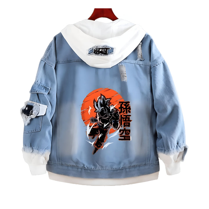 Une veste en jean bleue avec une capuche blanche. Il y a une image de Son Goku, un personnage de Dragon Ball Z, sur le dos de la veste.,VE-8626491654,VE-4115592591,VE-8800933084,VE-9240146482,VE-0681795204,VE-8963155501,VE-5324318418,VE-9731660119