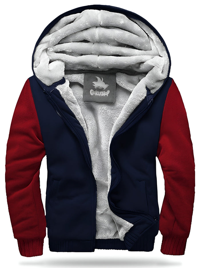 Une veste polaire à capuche bleue et rouge avec le logo de Goku brodé sur la poitrine.,VE-0591260921,VE-8798618520,VE-5786909433,VE-2312022451,VE-5759543504,VE-6192412588,VE-9210736451