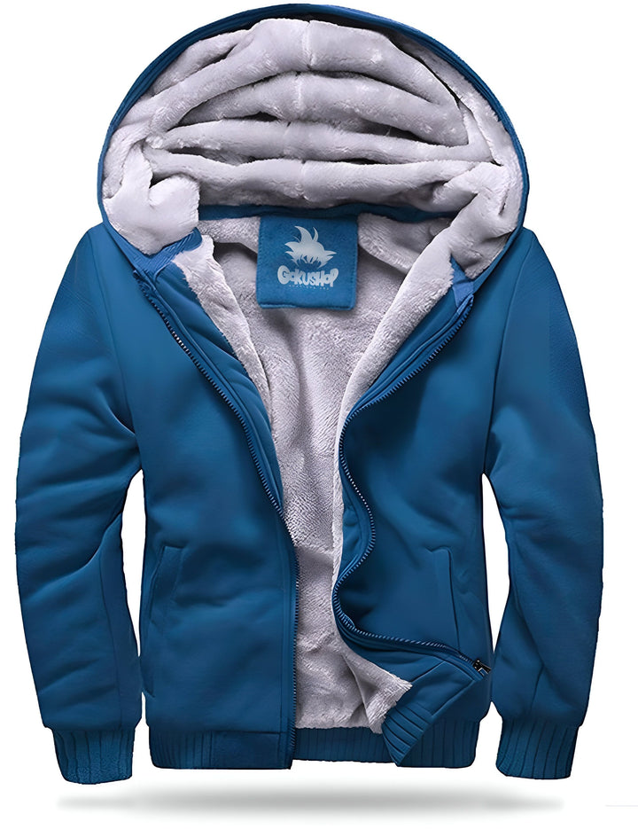 Une image d'un sweat à capuche bleu avec une doublure en fourrure grise. Le sweat à capuche a une fermeture éclair sur le devant et une capuche avec une doublure en fourrure grise. Il y a un logo sur la manche gauche.,VE-9979100443,VE-1743453108,VE-1590560116,VE-5831296717,VE-3640743105,VE-1527134989,VE-9306999747