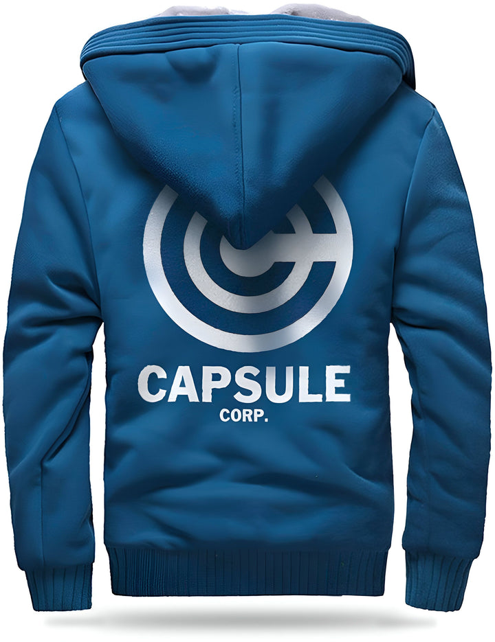 Une veste bleue à capuche avec le logo Capsule Corp.,VE-9979100443,VE-1743453108,VE-1590560116,VE-5831296717,VE-3640743105,VE-1527134989,VE-9306999747
