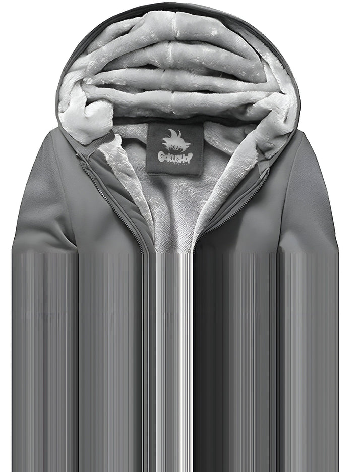 Une image d'un sweat à capuche gris avec une doublure en fourrure blanche. Le sweat à capuche a une fermeture éclair sur le devant et une capuche avec un cordon de serrage. Il y a une petite étiquette sur la manche gauche avec le logo de la marque "GokuShop".,VE-5695193362,VE-3405643457,VE-4445705179,VE-0515962562,VE-1550540580,VE-7999459089,VE-0396689442