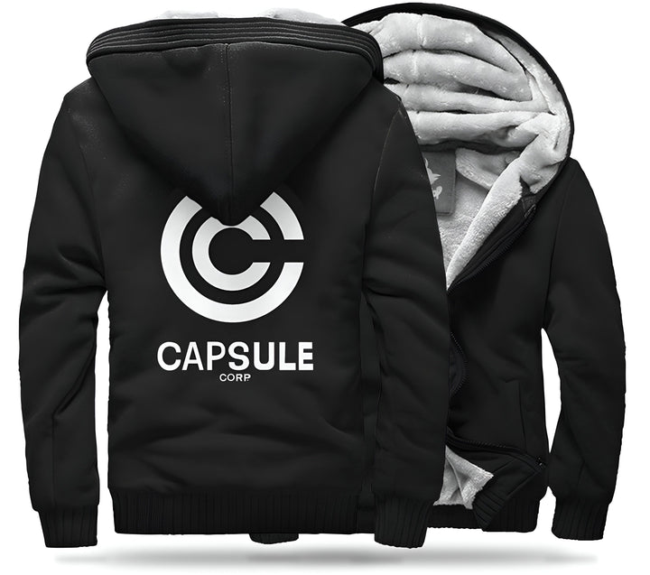 Une veste noire à capuche avec le logo Capsule Corp.,VE-0760338175,VE-5833976243,VE-1129062295,VE-6494254160,VE-9212371132,VE-3638621812,VE-0265200555