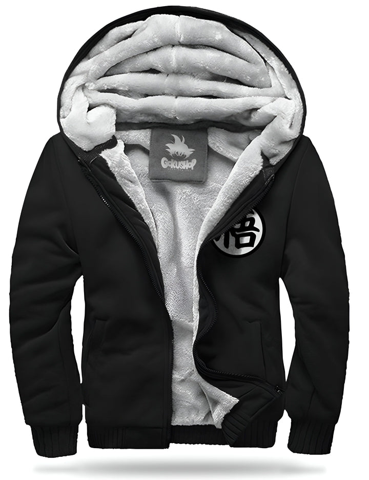 Une veste noire à capuche avec le symbole de Goku, un personnage de Dragon Ball Z, en blanc sur la poitrine.,VE-0760338175,VE-5833976243,VE-1129062295,VE-6494254160,VE-9212371132,VE-3638621812,VE-0265200555