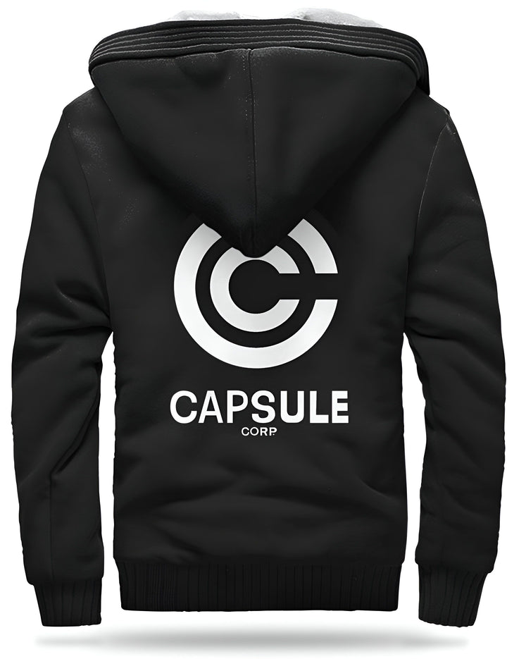 Une veste noire à capuche avec le logo Capsule Corp.,VE-0760338175,VE-5833976243,VE-1129062295,VE-6494254160,VE-9212371132,VE-3638621812,VE-0265200555