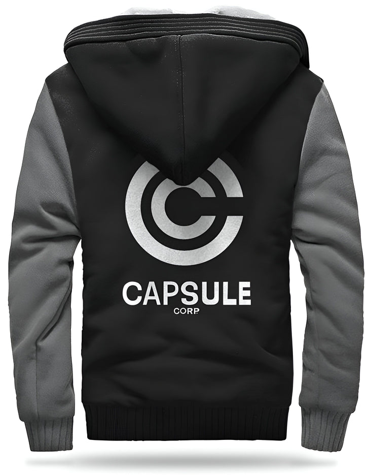 Une veste noire et grise avec le logo Capsule Corp.,VE-242958557X,VE-2858004846,VE-9271821513,VE-0828760993,VE-1857571754,VE-3249154598,VE-0734531141