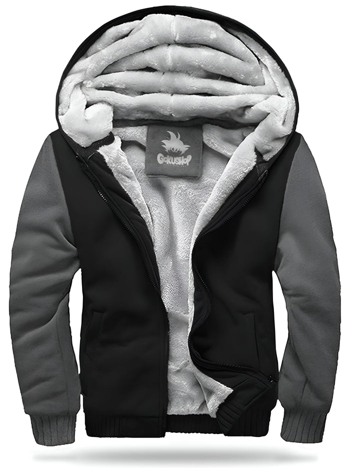 Une veste noire à capuche avec des manches grises. La capuche est doublée de fourrure grise. Il y a une fermeture éclair sur le devant.,VE-242958557X,VE-2858004846,VE-9271821513,VE-0828760993,VE-1857571754,VE-3249154598,VE-0734531141