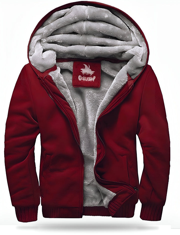 Une image d'un sweat à capuche rouge avec une doublure en fourrure grise. Le sweat à capuche a une fermeture éclair sur le devant et une capuche avec une bordure en fourrure grise. Il y a un logo sur la poitrine gauche.,VE-5858051324,VE-5641914975,VE-1066537763,VE-7544588157,VE-7679564418,VE-9263498180,VE-8893244616